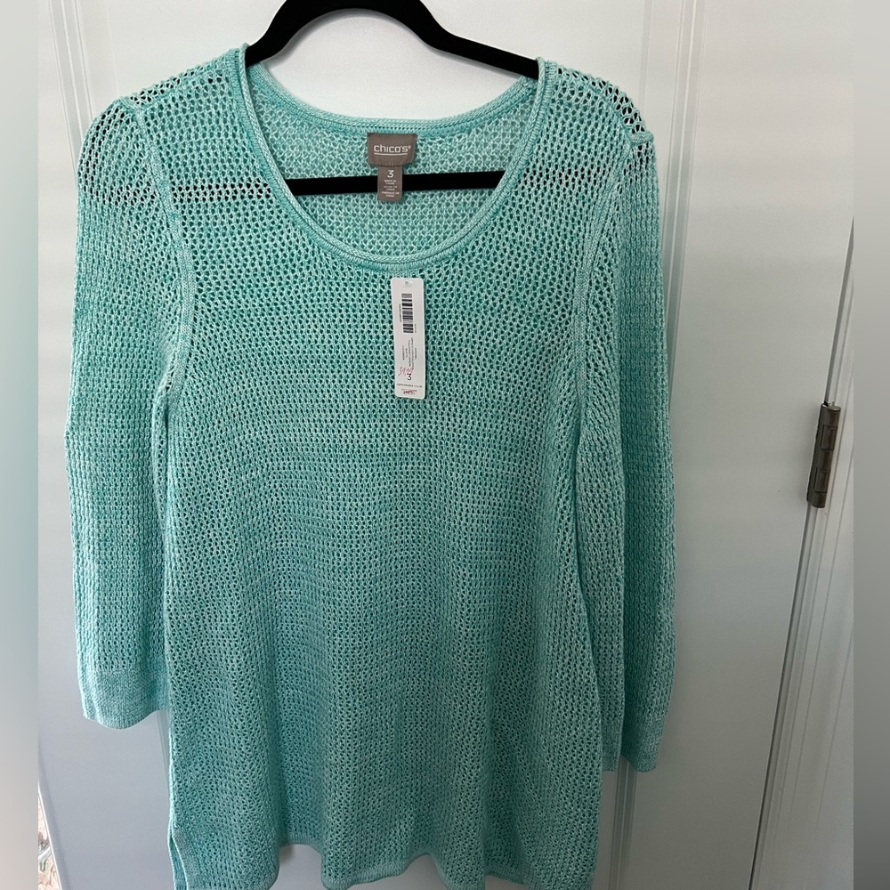 NWT Women’s Chico long sleeve open weave Sweater       SZ 3 Aqua P-P 22” L- 32”